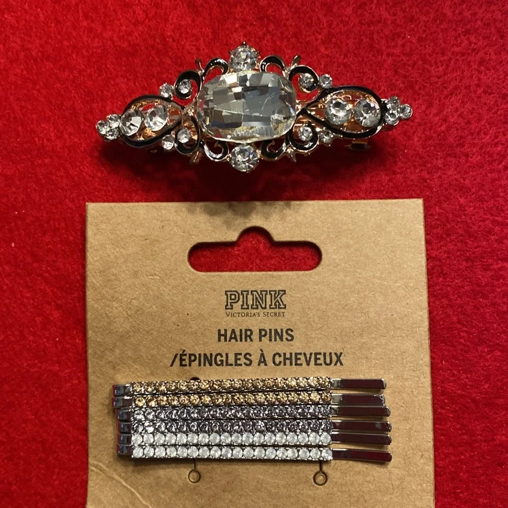 Pink Victoria's Secret rhinestone bobby pins and rhinestone barrette